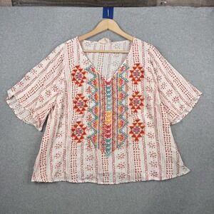 Savanna Jane Blouse Womens 2X Multicolor‎ Embroidered V Neck Tunic Boho Artsy